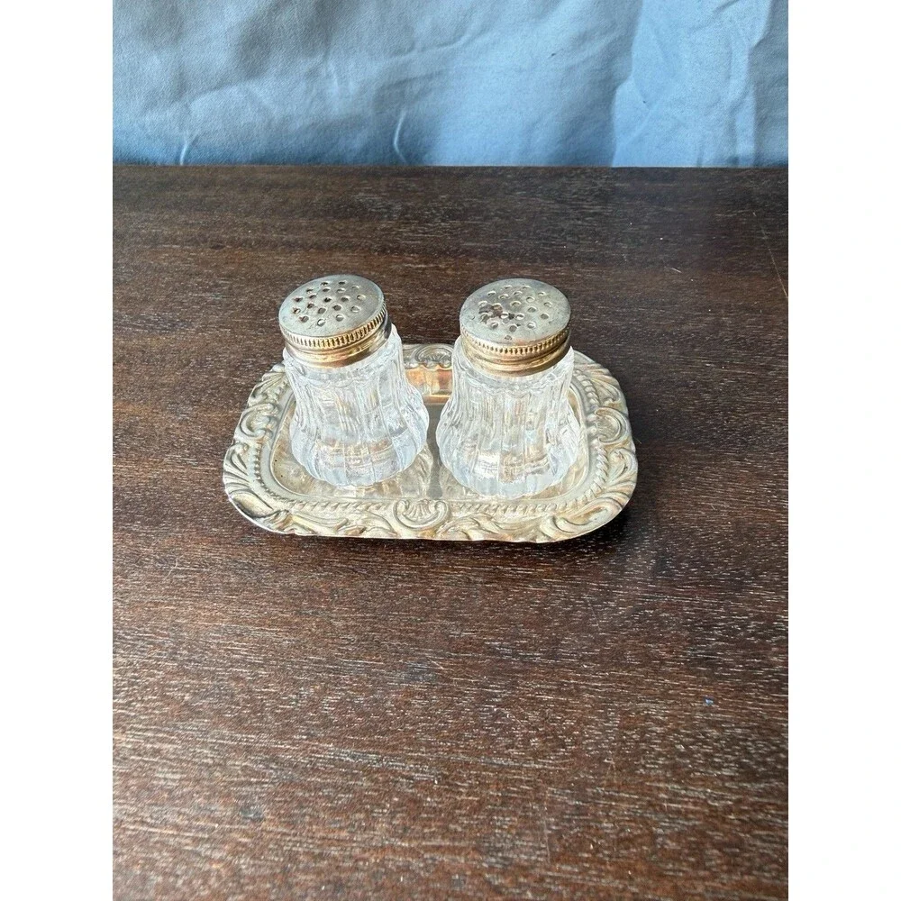 Small Vintage Glass Salt &Pepper Shakers on Silver Plated Tray